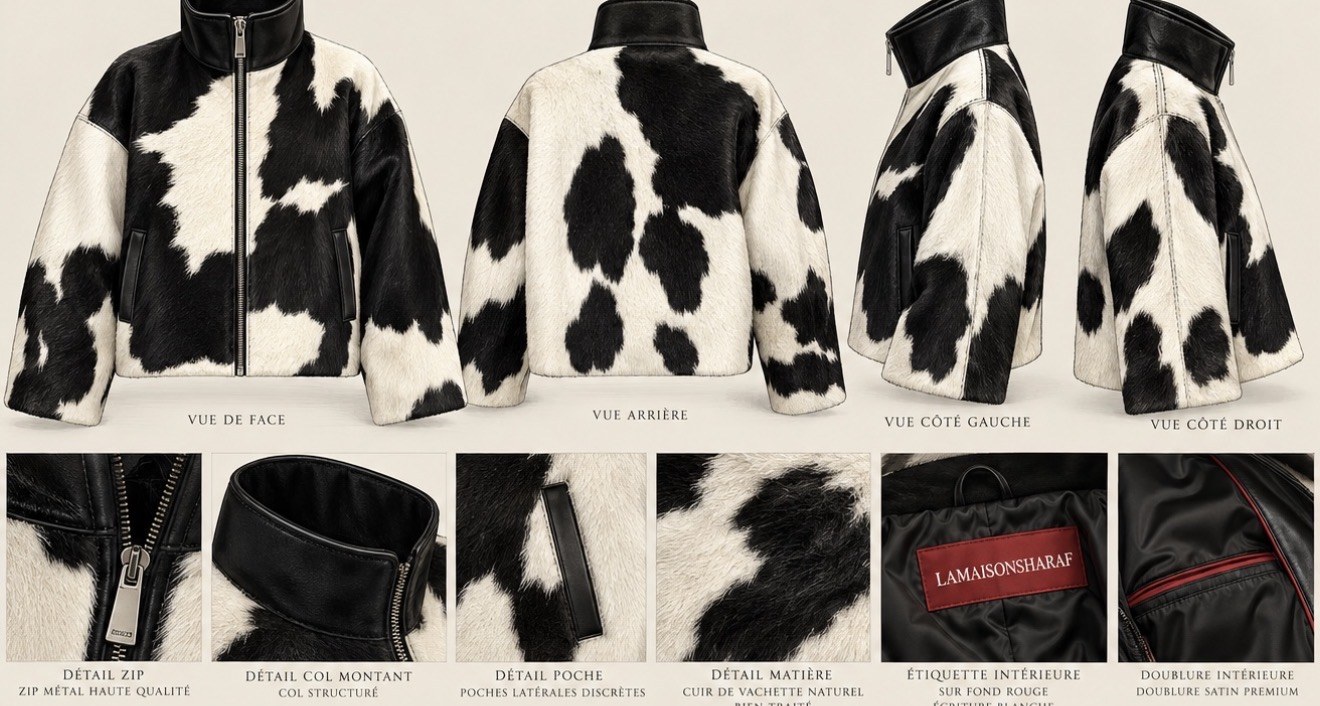 Veste en vachette imprimée noir et blanc : vues de face, arrière et côtés, détails du zip, du col, des poches et de la doublure