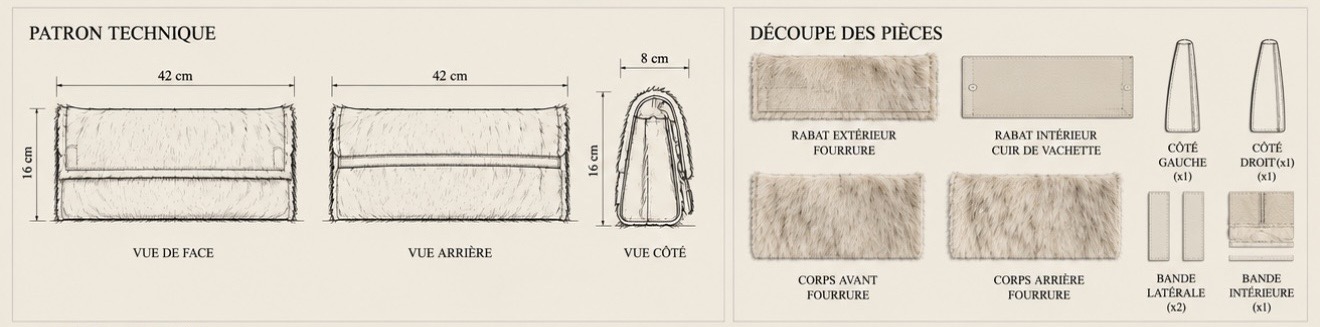 Patron technique du sac clutch en fourrure : vues de face, arrière et côté, et découpe des pièces (rabats, corps, côtés, bandes)