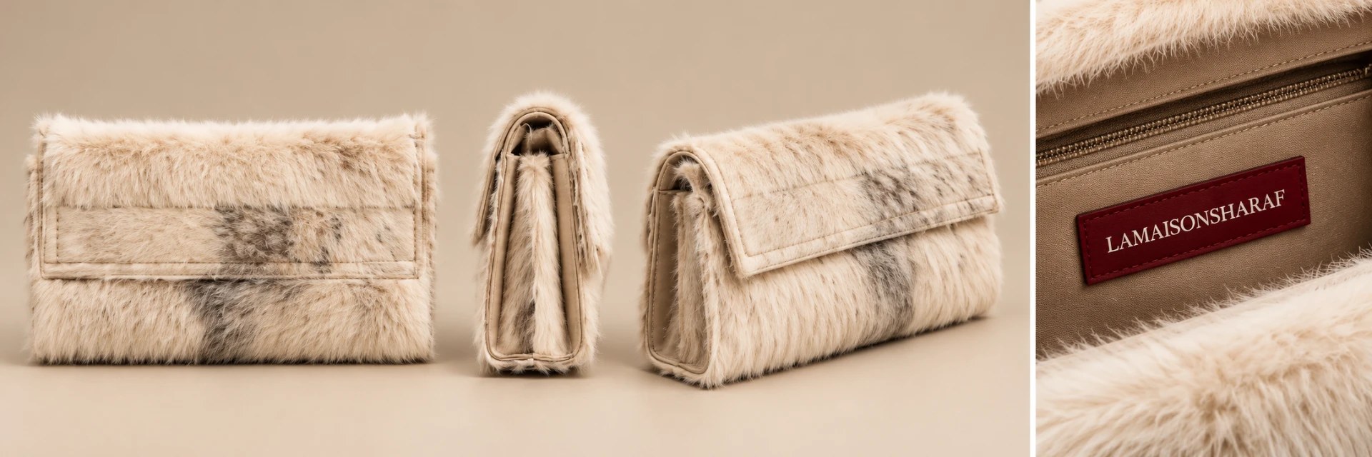 Trois sacs clutch en fourrure et gros plan sur l’étiquette LAMAISONSHARAF