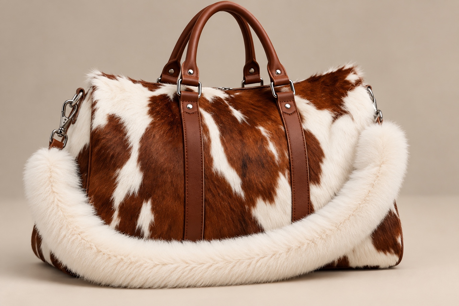 Sac de voyage en cuir marron et blanc à bandoulière fourrure